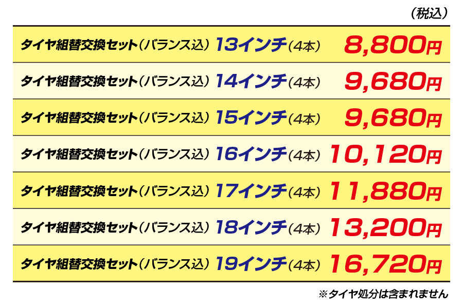タイヤ交換価格表