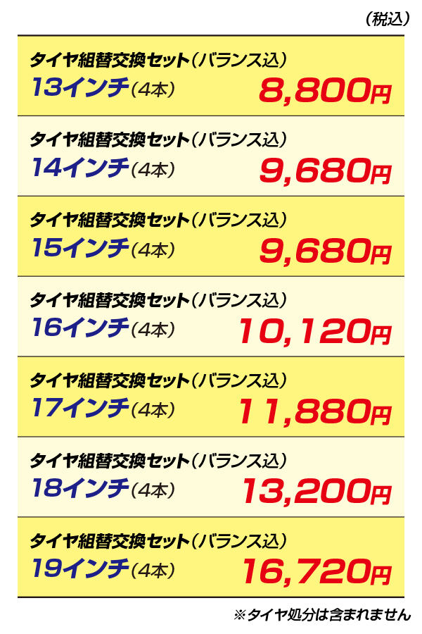 タイヤ交換価格表